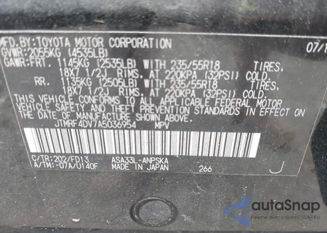 2010 Toyota Rav4 Sport из США, поврежденный, VIN JTMRF4DV7A5036954